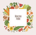 Square backdrop with frame consisted of fresh vegetables, fruits, berries and organic dietary products. Delicious eco