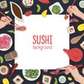 Square backdrop with frame made of Japanese food and hands holding sushi, sashimi and rolls with chopsticks. Realistic