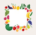 Square background or banner template with frame made of fresh organic locally grown fruits and vegetables. Colorful Royalty Free Stock Photo
