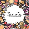 Background with doodle makeup products.