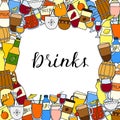 Square background with doodle drinks. Royalty Free Stock Photo