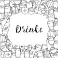 Square background with doodle drinks. Royalty Free Stock Photo