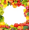 Square background of fresh vegetables and fruits in the form of a wide frame