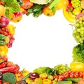 Square background of fresh vegetables and fruits in the form of a wide frame