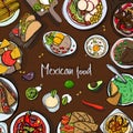 Square background with mexican food, traditional cuisine. Hand drawn colorful vector illustration with various dishes.