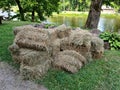 Square bale of dried hay is prepared for the animals for the cold winter season