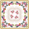 Square bandana print with luxury floral ornament, stylized lace and golden frame on white background in russian folk style