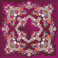 Square bandana print with oriental geometric ornament and luxury bouquets of flowers in russian style. Ethnic motives