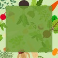 Square banner with carrot, Beetroot, Celery, Parsley, Daikon, Parsnip, Rutabaga, Turnip, Yellow turnip, Arracacha, Maca