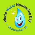 Square banner with cartoon drop of water. World Water Monitoring Day. Poster, postcard. Vector Royalty Free Stock Photo