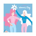 Square banner with congratulations to the International Women`s Day with a two women holding a big flower, girls hugging