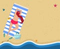 Top View Beach. Young Sunburnt Woman in Red Bikini Royalty Free Stock Photo