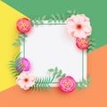 Square banner decorated with beautiful flowers on colorful background, space for your text.