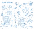 Square banner with hands filling out document of health insurance surrounded by medicines, medical tools, money bills