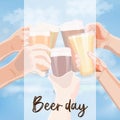 Square banner with hands holding beer mugs, pilsner glasses and weizen. on blue sky and sea background. International Royalty Free Stock Photo