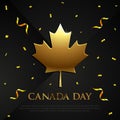 Square banner with Happy Canada Day, golden maple leaf and confetti on a black background. Template with place for text. luxury st Royalty Free Stock Photo