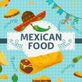 A square banner label flat on the theme of Mexican food a large inscription name in the center on the background there is a