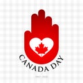 Square banner, postcard Canada Day. heart and red leaf of maple on the palm of a hand, symbol of Canada Royalty Free Stock Photo
