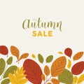 Square banner template decorated by fallen leaves or dried foliage at bottom edge and Autumn Sale lettering written with