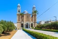 Square with beautiful old church in Karlovasi town, Samos island, Greece Royalty Free Stock Photo