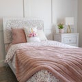 Square Bedroom interior with decorative headboard and feminine beddings on single bed