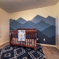 Square Bedroom interior with mountain peaks mural interior