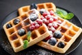Square belgian waffles with berries and sugar