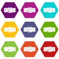 Square belt buckle icon set color hexahedron