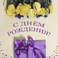Square birthday greeting card in Russian happy birthday with yellow tulip flowers and purple gift boxes. Royalty Free Stock Photo