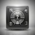 Square black safe with a circular combination lock featuring a question mark in the Royalty Free Stock Photo