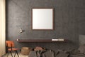 Square blank poster frame mock up on the concrete wall in interior of industrial bedroom Royalty Free Stock Photo