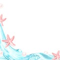 Square blank for text with water splash, starfish and pearls. Place for inscription. Watercolor illustration. Isolated