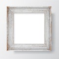 Square Blank wooden flaky frame on white wall. Vector template