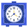 Square blue alarm clock at nine o clock. Simplistic clock showing time with yellow second hand vector illustration