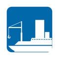 square blue button with silhouette cargo ship