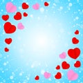 Square blue frame and red pink heart shape for template banner valentines card background, many hearts shape on blue gradient soft