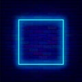 Square blue neon frame on brick wall. Minimal border. Space for text. Shiny sign. Editable stroke. Vector illustration Royalty Free Stock Photo