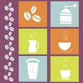 Square blue, orange, green coffee icons on purple background