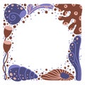 Square border of cartoon seaweed, shell, coral. Dark blue, brown ocean frame with hand drawn marine elements, copy space. Flat