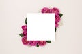 Square border frame made of rose flower on a beige background. Royalty Free Stock Photo