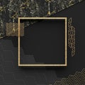 A square border frame on marble stone with a dark background and textured gold elements. Copy space. Abstract geometric compositio