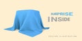 Square box covered with realistic blue silk fabric isolated on light background. Surprise inside. 3D realistic illustration. Royalty Free Stock Photo