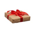 Square box wrapped in brown kraft paper and tied with a silk red ribbon Royalty Free Stock Photo