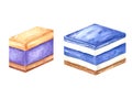 Square cake with berry yoghurt cream. White and blue mousse. Violet and yellow cream dessert. Slice of cheesecake, tart.