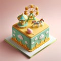 A square cake with yellow and green fondant, featuring a ferris wheel, a carousel, and a cotton candy