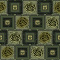 Square camouflage geometric pattern with green roses, steel chains, rivets