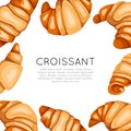 Square card with cartoon croissants and place for text. Banner with French baked treats. Bagel for breakfast. Vector template