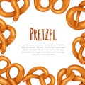 Square card with cartoon pretzels and place for text. Banner with Bavarian baked treats. Vector template