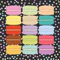 Square Card Design With Macaroon Set, Pastel Colors Black Polka Dot Background. Vector