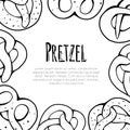 Square card with outline cartoon pretzels and place for text. Banner with contour Bavarian baked treats. Vector template